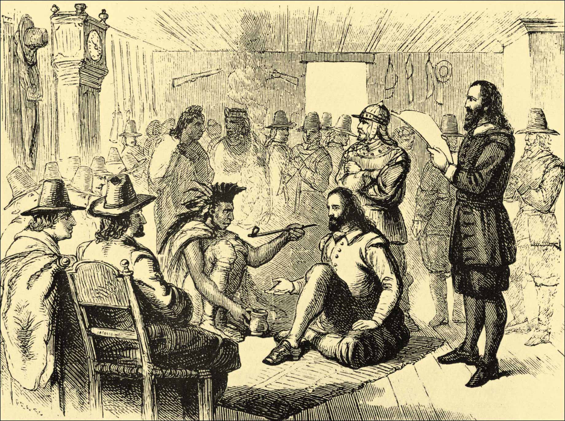 Indiens fumant le calumet de la paix avec le gouverneur américain John Carver en 1621